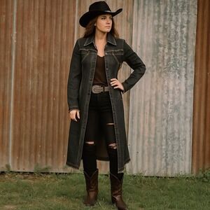 Vintage 725 Originals Denim Trench Coat Long Jean Jacket Raw Hem Western Y2K‎ M